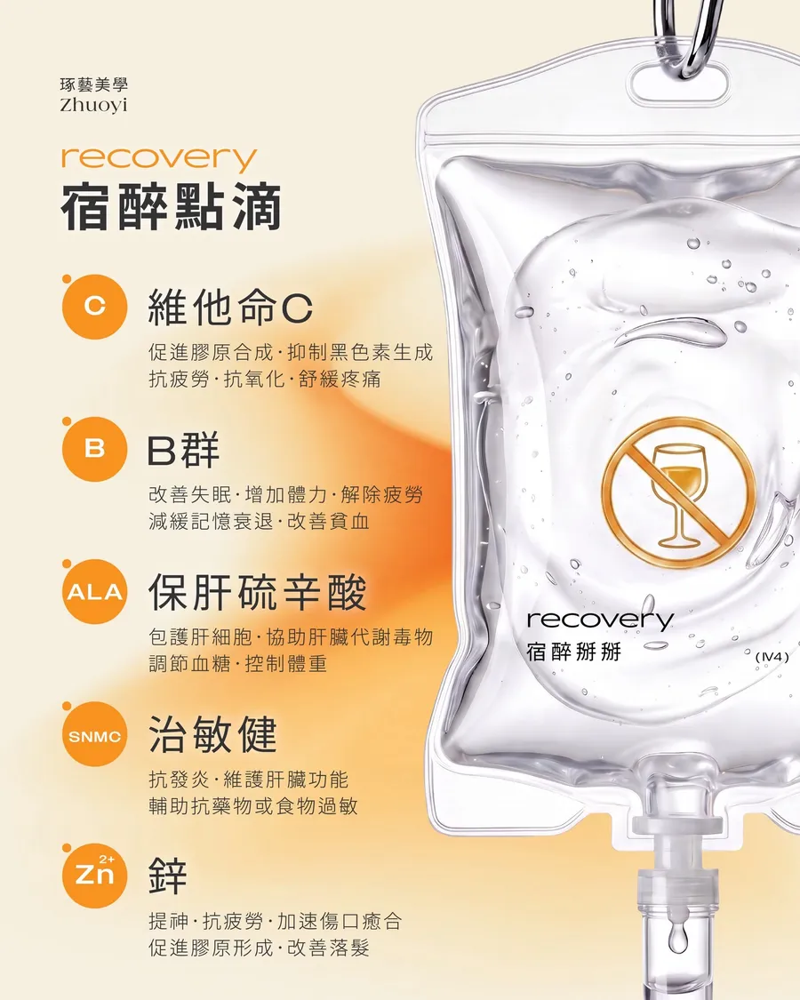 琢藝美學 宿醉掰掰點滴（recovery）成分圖卡：與排毒保肝相同的五種成分