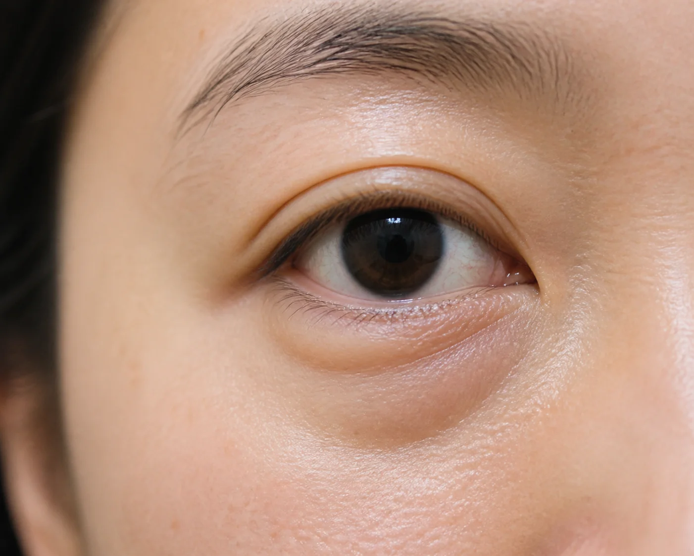 眼下有明顯鼓起、半月形凸出,尤其睡飽後仍存在,常見於先天體質或年齡造成眼眶脂肪前移